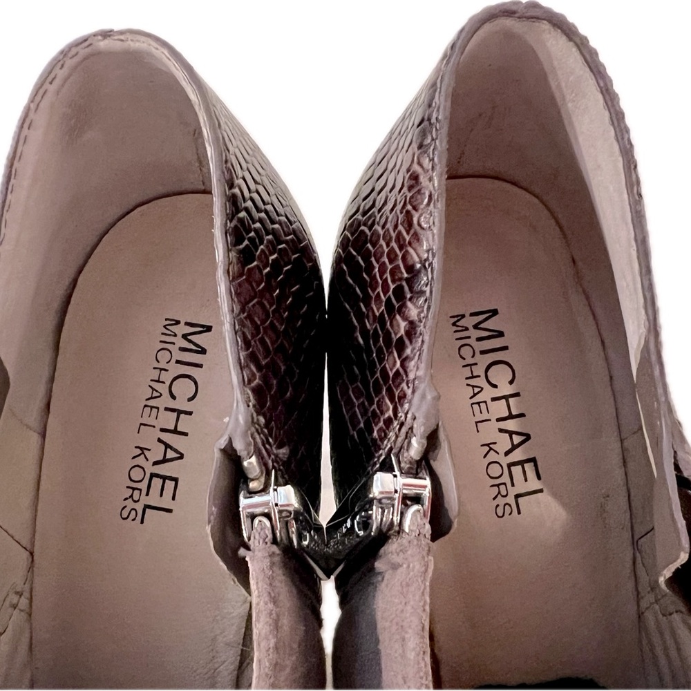 Michael Kors high heel bootie.  Taupe suede and rich brown snake skin leather. - Picture 2 of 6